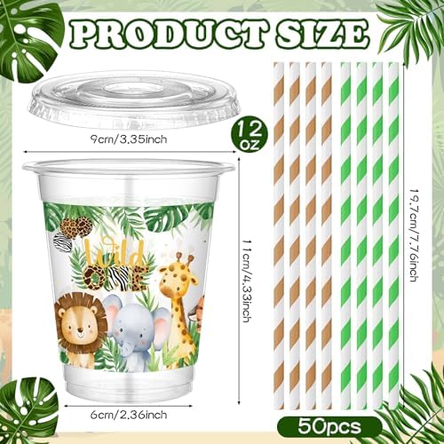 Jingmore 50 Pcs Wild One Plastic Disposable Clear Cups with Lids and Straws