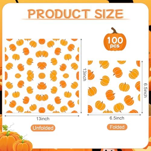 100Pcs Fall Pumpkins Paper Napkins 6.5in Orange Disposable Party Hand Towel