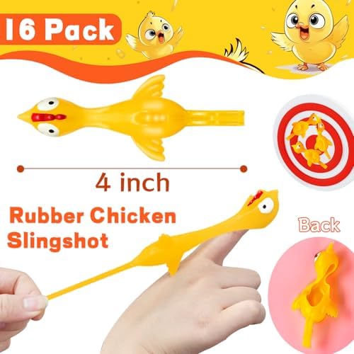 16Pack Finger Slingshot Chicken Rubber,Flying Stretchy Flick Stretchable Chickens Fingers for Gag Gift Birthday Christmas Halloween Party Favors Supplies Yellow
