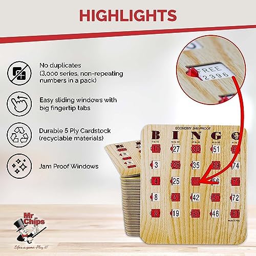 MR CHIPS Jam-Proof Bingo Cards with Sliding Windows, 25 Reusable Shutter Cards, 75 Calling Cards 1 Master Board in Tan Woodgrain Style