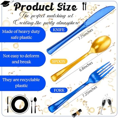 Minatee 180 Pcs Blue and Gold Plastic Silverware Heavy Duty Cutlery Sets Disposable Utensils for Holiday Birthday Themed Party Supplies, 60 of Each Forks Knives Spoons