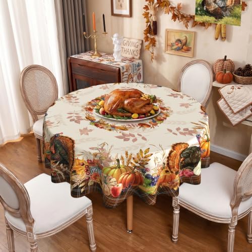 Thanksgiving Tablecloth Round 60 Inch, Stain Resistant Machine Washable Fabric Polyester Turkey Harvest Table Cloth Round Thanksgiving Tablecloth Table Cover for Kitchen Dining Party