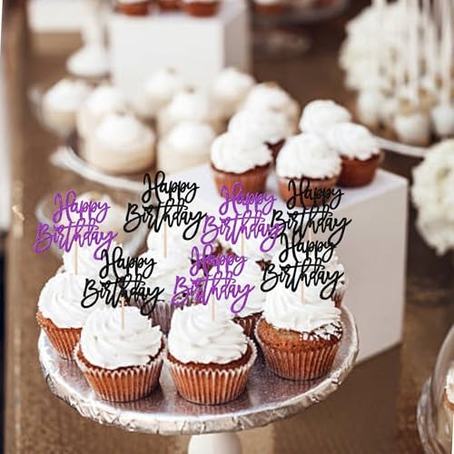 24 PCS Happy Birthday Cupcake Toppers Glitter Happy Birthday Cupcake Picks for Celebrating Anniversary Theme Party Cake Decorations Supplies Black Purple