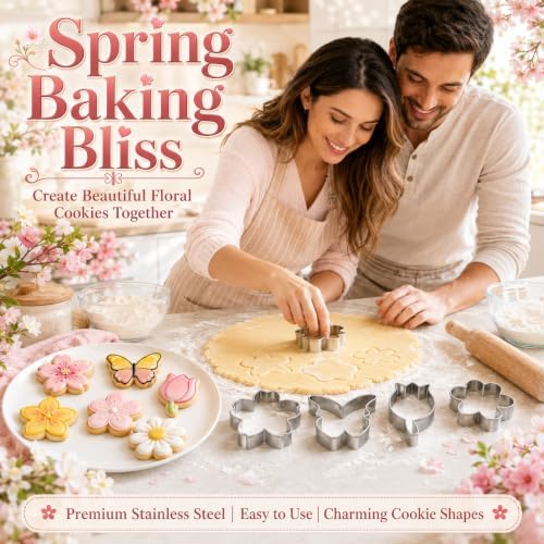 Flower Cookie Cutter Set, 6 PCS Tulip, Cherry Blossom, Frangipani, Daisy, Sunflower, Butterfly, Stainless Steel Holiday Cookie Cutter Shapes for Baking Biscuit Molds