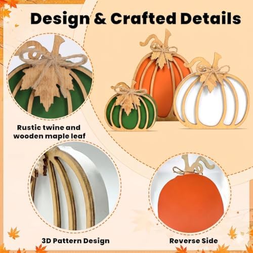 OLANRUN Fall Decorations for Home, 3-Piece Farmhouse Wooden Pumpkin Fall Decor, Handmade Crafts, Autumn Thanksgiving Decorations for Table, Tiered Tray, Mantel, Shelf, Office (4-8 Inch)