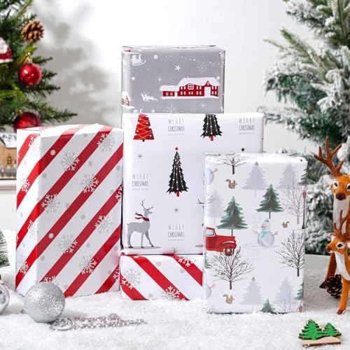 Cuitpan White Christmas Wrapping Paper Bundle for Kids Adults - Reindeer, Stripes, Woodlands, Snowflake, Red Truck Winter Scene Designs - 28 x 40 Inches, 6 Jumbo Sheets, Recycled