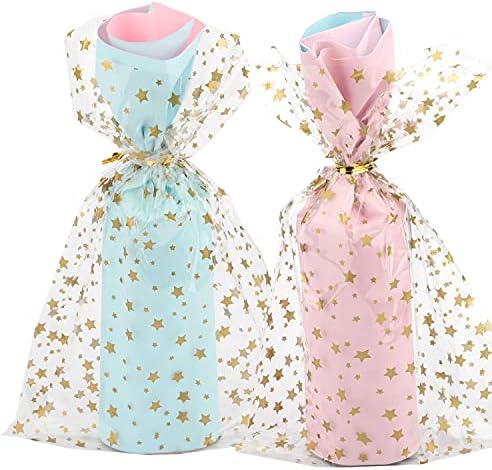 Star Printed 100 Pcs 7"X 12" Gift Wrap Cello - Clear Candy & Cookie Bags with Twist Ties for Bakery, Birthday, Wedding & Party Decorations (Gold)