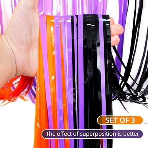 3 Pack Halloween Foil Fringe Curtains - 3.2ft x 6.6ft Black Purple Orange Foil Fringe Curtains Photo Booth Backdrop for Halloween & Birthday Party (Style B)