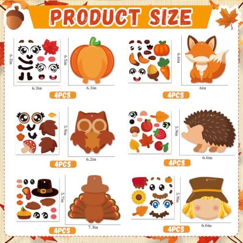 Fall Crafts for Kids Adults 24 Sets DIY Animal Ornament Thanksgiving Stickers Make Your Own Turkey Scarecrow Pumpkin Owl Arts and Crafts Decorations for Autumn Harvest Home Classroom Party Favors