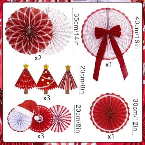 Christmas Paper Fan Decorations Christmas Decorations Classroom Red Hanging Paper Fans 10PCS with Santa Hat Gold Stars for Xmas Winter New Year Wall Ceiling Party Holiday