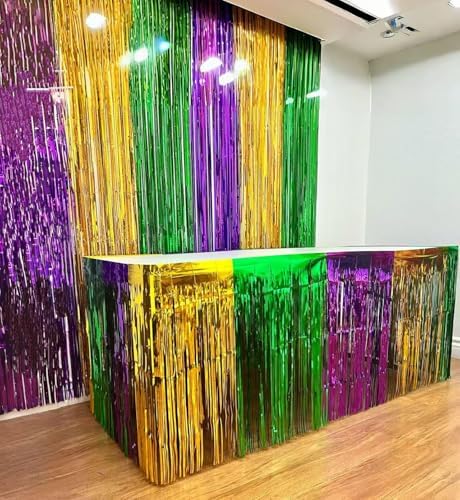 GiftExpress 2-Pack 3.33 FT x 8.33 FT (Total 6.66 FT x 8.33 FT) Mardi Gras Metallic Foil Fringe Curtain, Mardi Gras Themed Party, St. Patricks Day Tinsel Backdrop, Foil Fringe Photo Booth Props