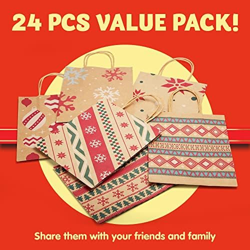 JOYIN 24 PCS Christmas Kraft Gift Bags for Present Wrapping, Holiday Paper Goody Gift Treat Candy Bags for Xmas Decor Supplies Classrooms Wedding and Party Favors (9" x 7.3" x 3.3")