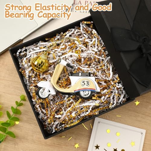 Jansun Metallic Gold White Crinkle Cut Paper, 115g/4oz Shred Filler with Gold Dots Stars Confetti for Christmas Halloween Wedding Gift Wrapping Craft DIY Basket Filling Holiday Party Decorations