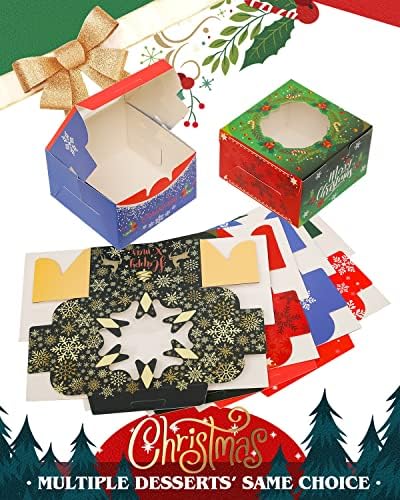 qiqee Christmas Bakery Boxes with Window 52pcs 4x4x2.5 Inch Mini Cookie Boxes Macaron Boxes Small Donut Pastry Boxes for Christmas