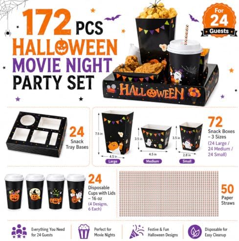 Bokon 172 Pcs/ 24 Sets of Halloween Movie Night Snack Trays Trick or Treat Summer Halloween 3 Sizes Snack Popcorn Boxes, 16 oz Disposable Drinks Cups, 50 Straws, Sealing Stickers for Party Decoration