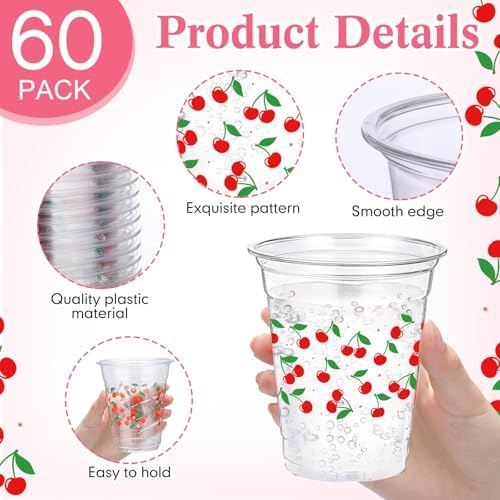 Funnymoom 60 Pack Cherry Plastic Cups for Party Decorations, 12 oz
