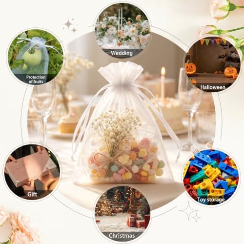 Wudygirl 50 Pcs Organza Bags, 5x7 IN Drawstring Gift Bags-White