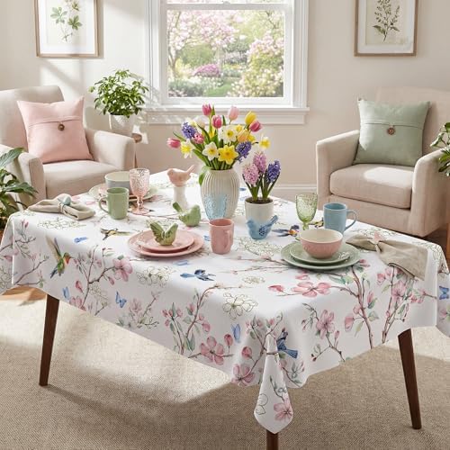 Spring Floral Tablecloth 52x70 Inch, Spring Birds Branch Floral Decorations for Home Table Cloth Rectangle Decor Tablecloths Polyester for Picnic Party Dinner