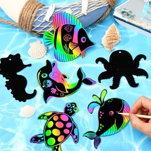 JULMELON 36 Pcs Ocean Crafts for Kids, Rainbow Scratch Art Party Favors