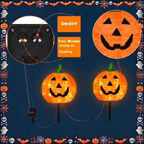 BRIGHTDECK Halloween Solar Pathway Lights Outdoor, LED Decor, Light Up Solar Stake Lights for Holiday, Halloween, Walkway, Sidewalk (Foldable Pumpkin, 4-Pack)