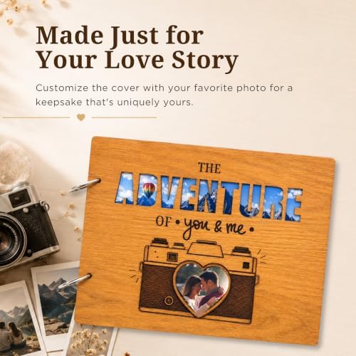 Our Adventure Book Scrapbook for Couples, Wooden Travel Photo Album Kit with Matching Puzzle Heart Keychains, Memory Book for Anniversary, Wedding, Honeymoon, Boyfriend Girlfriend