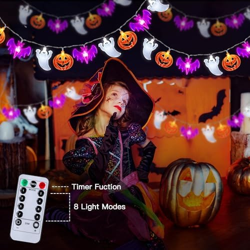 2 Pack Halloween Lights Indoor Outdoor Decorations Total 40FT 60 LED Pumpkin Bat Ghost Halloween String Lights Battery Operated, 8 Modes Waterproof Spooky Fairy Lights Home Yard Window Outside Decor