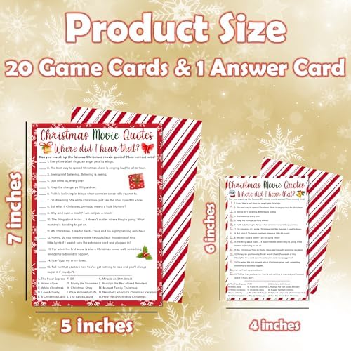 Christmas Movie Quotes Game Card - 20 Game Cards With 1 Answer Card - Xmas Film Party Funny Activity for Family, Adults & Teens - Holiday Christmas Party Supplies & Decor(Red & White Stripe)-A02