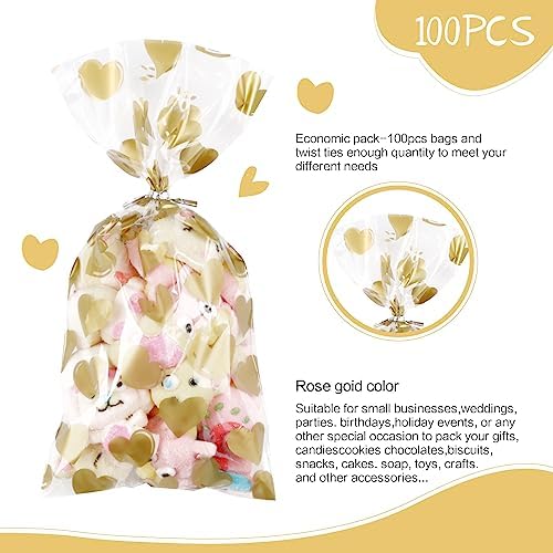 COQOFA 100Pcs 7X12IN Gold Heart Cello Cellophane Treat Bags Gift Party Favor Clear Candy Cookie Plastic Poly Goodie Storage with Twist Ties for Baby Shower, Valentine, Birthday, Wedding, Decorations