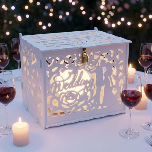Jolik Rustic Wedding Card Box with Sign,Bride and Groom Locking Gift Collection Money Holder for Wedding Reception & Party Decor, Gift Card & Envelope Storage, Anniversary & Birthday Party Decoration