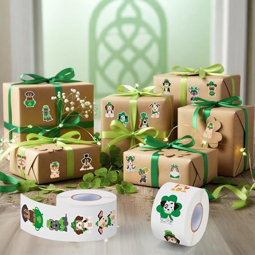 H1vojoxo St. Patrick's Day Sticker Rolls - 1000PCS Irish Shamrock Holiday Cartoon Dog Stickers for Kid 16 Design St. Patrick's Cute Dog Sticker for Craft St. Patrick Cartoon Dogs Stickers for Envelope