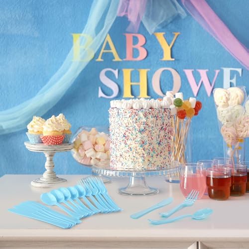 Kochorie 300 Pcs Light Blue Plastic Silverware, Disposable Plastic Utensils