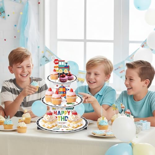 3 Tier Transportation Themed Cupcake Stand with Topper Train Birthday Decorations Boy Birthday Decorations Party Favors Cars Construction Plane Decor Chugga Chugga Two Two Party Supplies 2nd 3rd 4th