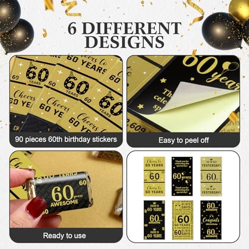 Tenare 90 Pcs 60th Birthday Candy Wrappers, Black and Gold Stickers
