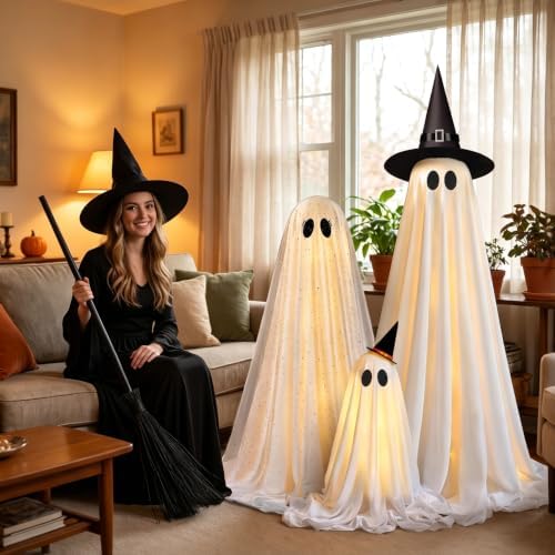 Halloween Decorations Indoor - Set of 3 Light Up Ghosts with Timer Remote