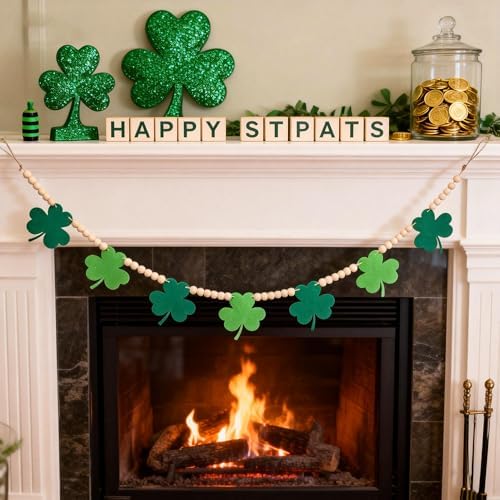 St. Patrick's Day Garland St. Patrick's Day Decorations Shamrock Garland Felt Shamrock Banner with Wooden Beads Lucky Green Garland for Saint St Patricks Day Decor Home Fireplace Mantel Wall Decor