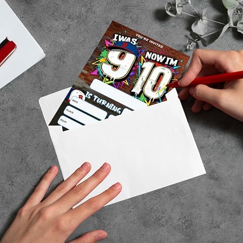 4x6 I Was 9 Now I'm 10" Urban 10th Birthday Invitation Set (20 Cards + 20 Envelopes) – Street Style Sports Themed Party Invites.(171)