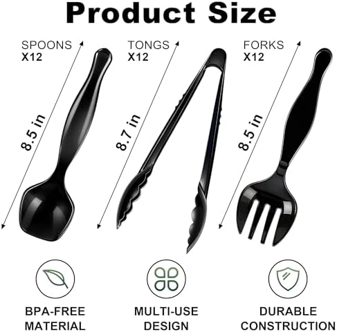36-Piece Disposable Plastic Serving Utensils Set, Black, 9 Inch