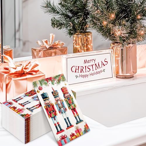 Whaline 50Pcs Christmas Guest Napkins Disposable Napkin Watercolor Nutcracker Pine Branch Dinner Hand Paper Napkins for Xmas Winter Holiday Party Tableware Supplies