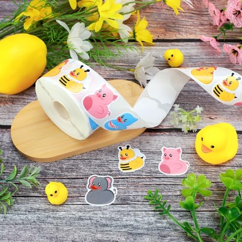 Whaline 1000 Pcs Animal Rubber Duck Roll Stickers Self-Adhesive Funny Safari Zoo Animal Duck Label Decals for Envelope Water Bottle Scrapbook Decor Birthday Party Supplies