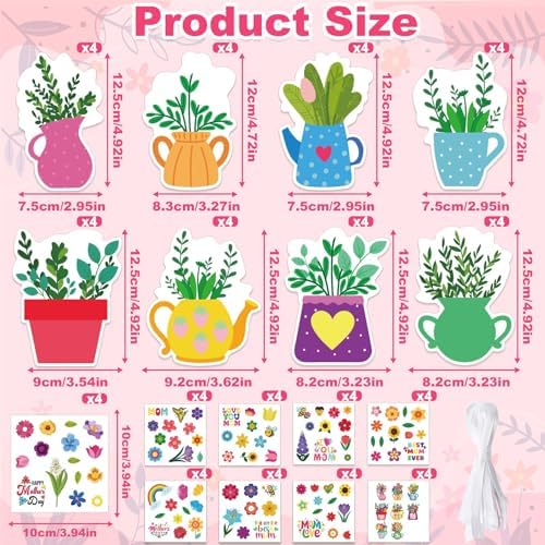 JUNEBRUSHS Mother's Day Card Craft Kit, 32 Floral DIY Craft with Stickers Mother's Day Hanging Ornament for Classrooms Office Festival Decor Gifts for Mom Ladies Grandma