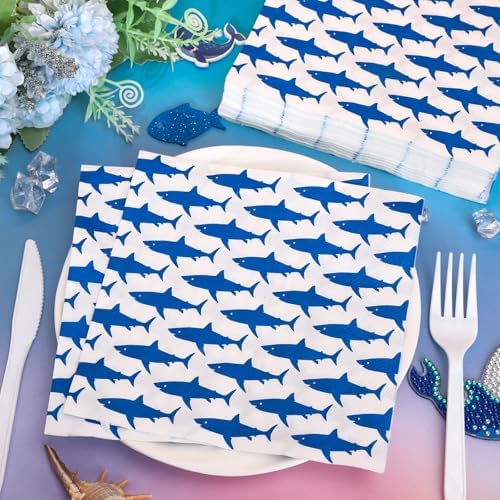 FYSUIMU 50 Pcs Summer Shark Paper Napkins Blue Ocean Fish Disposable Napkins Under The Sea Luncheon Dinner Napkin for Birthday Holiday Party Table Supplies