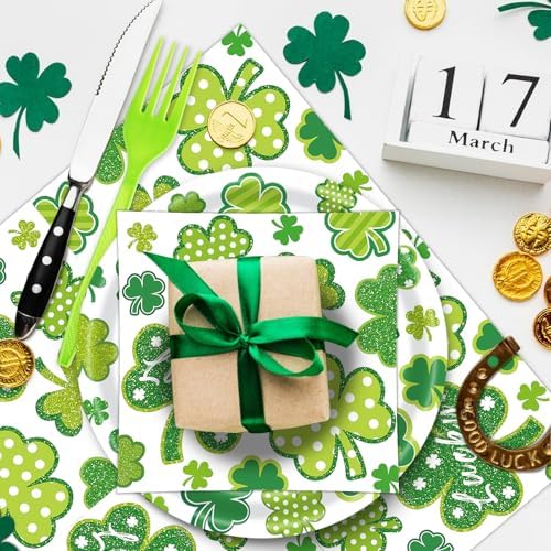 96 Pieces St. Patrick’s Day Tableware Set – Green Shamrock Disposable Plates Napkins Forks with “Happy St. Patrick’s Day” Lucky Clover Designs for Holiday Parties Irish Celebrations – Serves 24