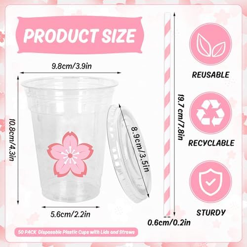 Whaline 50Pcs 12Oz Pink Cherry Blossom Disposable Plastic Cups with Lids and Straws Cute Sakura Cold Beverage Drinking Cups for Spring Wedding Birthday Party Supplies