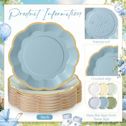 72 Pcs Boy Baby Shower Paper Plates 9 Inch Sage Green Blue Gradient Scalloped Paper Disposable Dinner Dessert Plates for One Silly Goose Birthday Wedding Bridal Party Supplies, 6 Colors