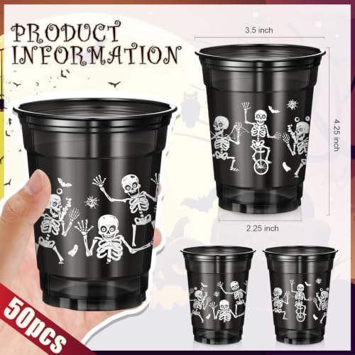 Vesici 50 Pcs Halloween Skeleton Plastic Cups 12 oz Disposable Black Cups