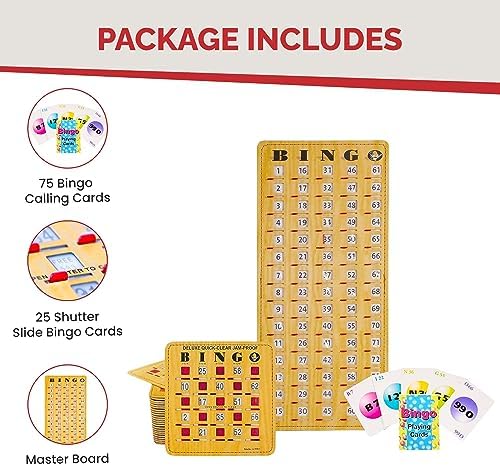 MR CHIPS Jam-Proof Bingo Cards with Sliding Windows, 25 Reusable Shutter Cards, 75 Calling Cards 1 Master Board in Woodgrain Style