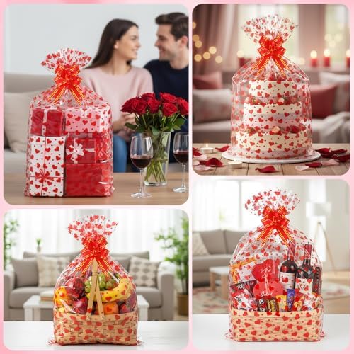 10 Sets Large Valentines Cellophane Bags(20x28 Inch) with Pull Bows Red Heart Gift Goodie Basket Stocking Stuffers Wrap Valentine Day Galentines Party Decorations Favors Supplies Holiday Baggies