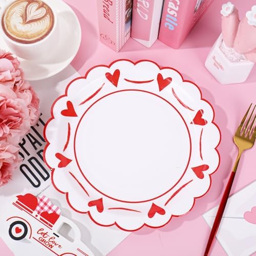 JarThenaAMCS 50 Pcs Valentine's Day Heart Paper Plates Scalloped Disposable Plate Red Decorative Tableware Gift for Home Wedding Anniversary Birthday Party Kitchen Decor, 9 In