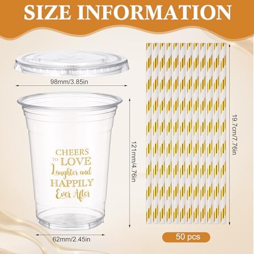 Funnymoom 50 Sets Wedding Plastic Cups with Lid and Straw Cheers to Love 16 oz Disposable Cup Clear Cold Beverage Drinking Glasses Bulk for Wedding Reception Bridal Shower Engagement Party Decoration