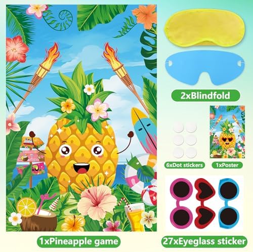 Hooqict Luau Party Game for Kids Pin the Sunglasses on the Pineapple for Summer Tropical Tiki Luau Party Supplies Decorations, Large Hawaiian Pin The Tail Game Poster with 27 Pineapple Stickers